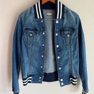 Blue Denim Jacket with Striped Collar mother Jean jacket varsity size large